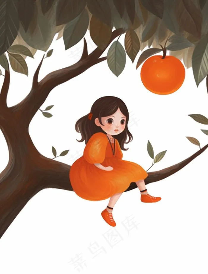 坐着橘子树上的女孩少女卡通插画免抠(960x1264)