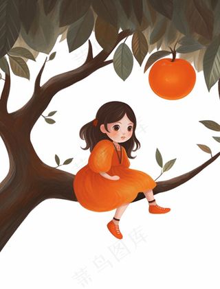 坐着橘子树上的女孩少女卡通插画免抠
