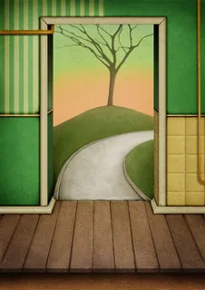 门外的公路树木和草地创意高清图片