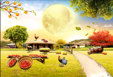 韩国秋天韩式乡村风景背景墙