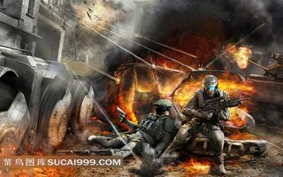 战火中两个持枪戒备的游戏人物图片