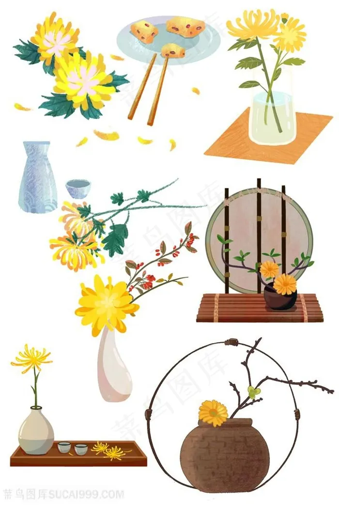 菊花 黄菊花 波斯菊 雏菊 野菊花 山菊花 花瓶里的菊花 中秋节菊花卡通矢量插画图片