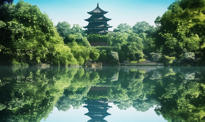 倒影水中的宝塔背后的树木山景风格摄影图(4272x2544)