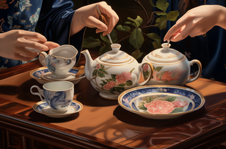 泡茶倒茶茶具插画背景