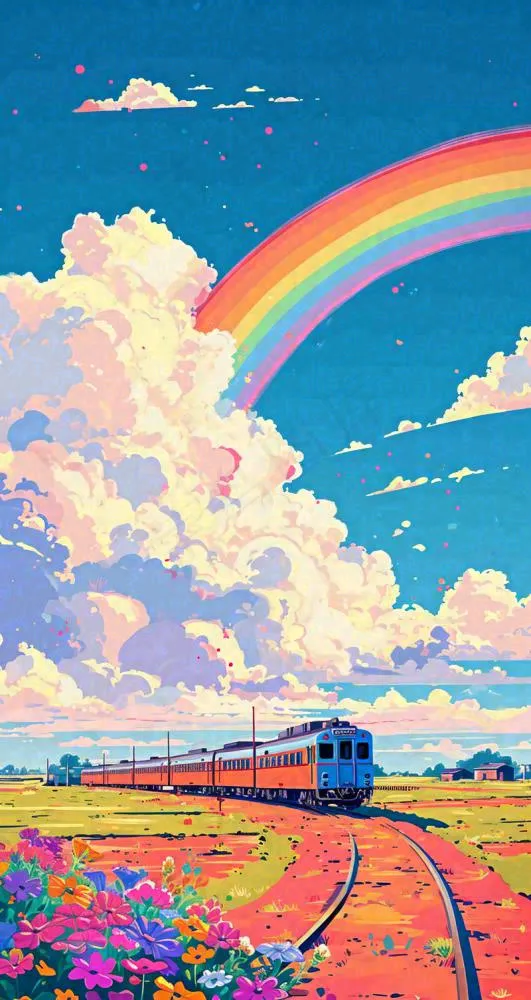 彩色绚丽彩虹蓝天白云铁路火车动车手绘插画(800x1504)