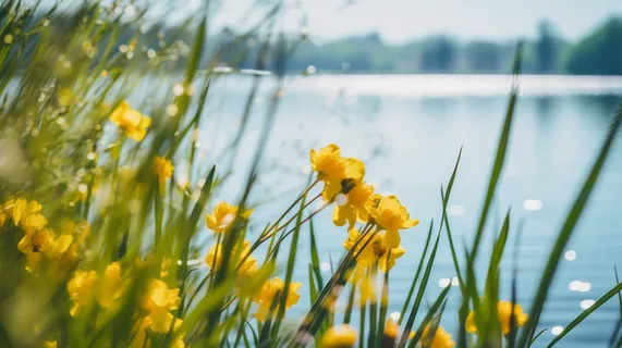 湖面岸边生长的小黄花摄影图