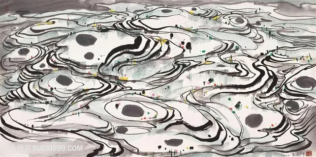 吴冠中手绘田园梯田美景装饰画