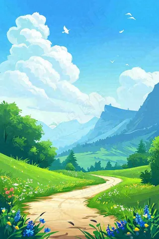 春天郊外旅行蓝天白云清新草地手绘，春分