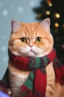 一只围着围巾的可爱猫咪橘猫圣诞氛围摄影图