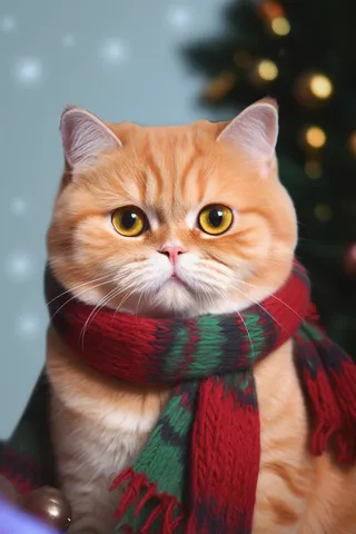 一只围着围巾的可爱猫咪橘猫圣诞氛围摄影图