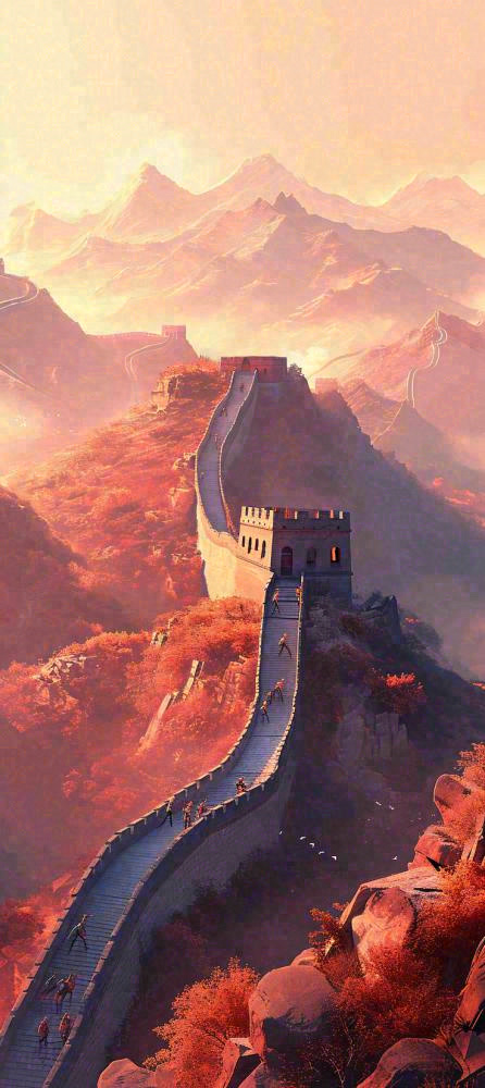 万里长城古风中国风古代建筑落日晚霞插画(736x1648)
