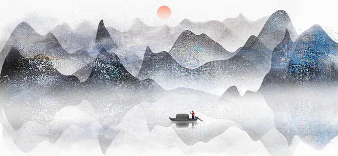 日出山峰渔船风景画PSD素材