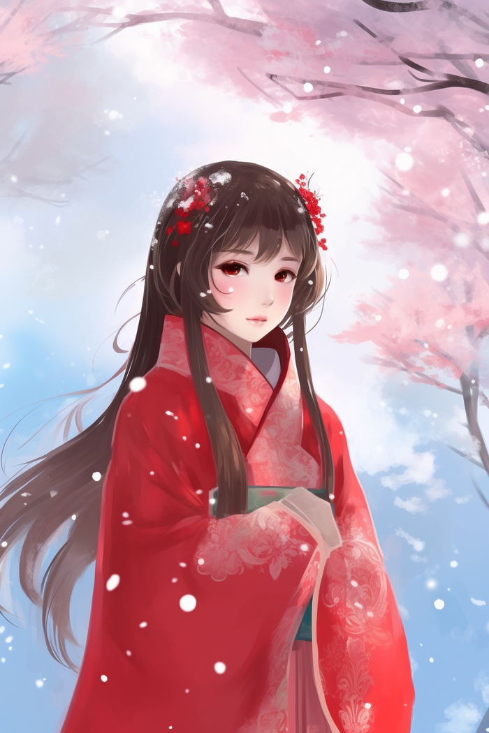 冬日古风穿红色披风的女孩赏雪景卡通插画背景