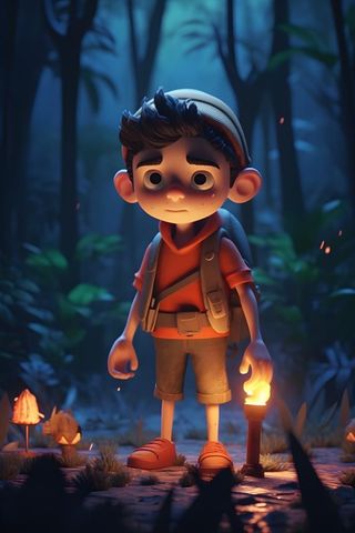 森林探险旅行男孩夜晚3D卡通背景