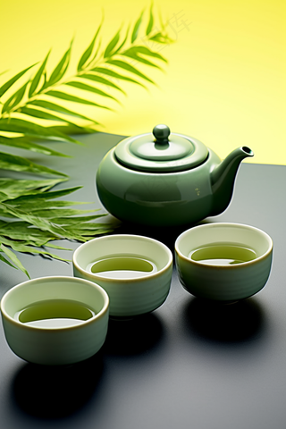 绿色茶壶茶杯植物浅绿背景墙摄影图