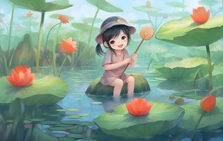 睡莲荷叶池塘里的孩子背景