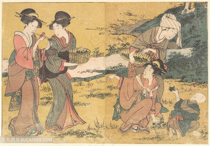 喜多川歌磨手绘日式劳动人民装饰画