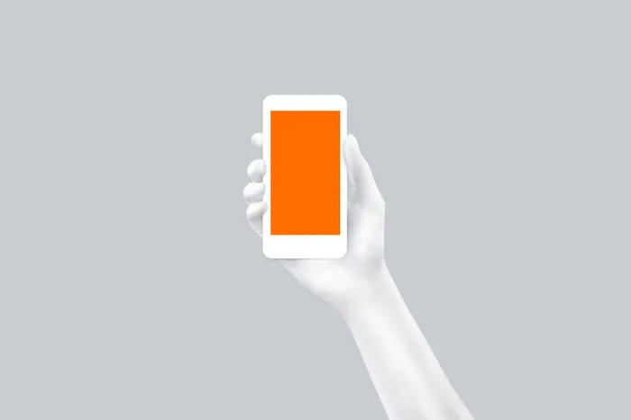 白色右手手持苹果手机插画展示样机psd模版下载