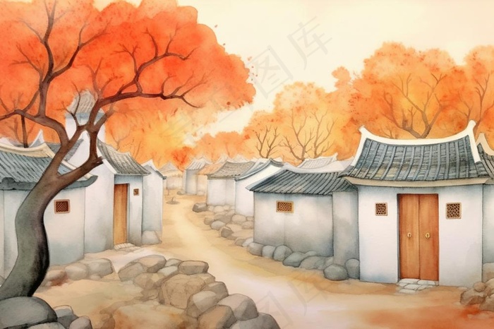 秋季胡同里古代建筑庭院水彩画水墨画素材(1344x896)
