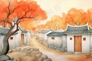 秋季胡同里古代建筑庭院水彩画水墨画素材