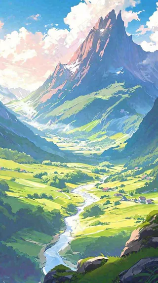 阳光春天细长流水山脉村庄小屋草坪，春分，旅行露营