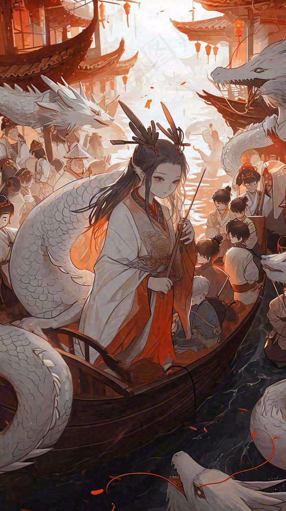 古风恐怖怪兽龙河面灯笼建筑插画，暗黑(816x1456)