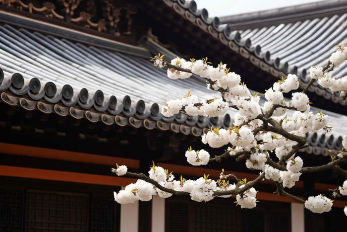 屋檐下开百花的树摄影图(4032x2688)