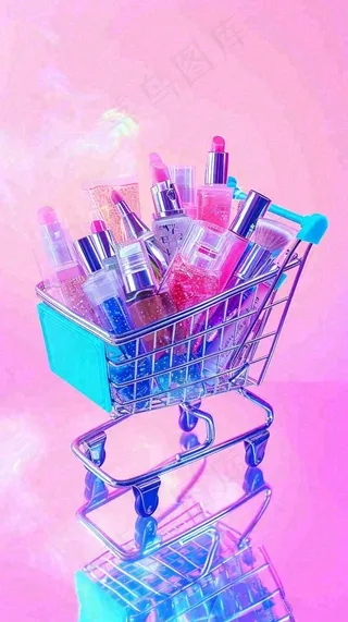 商品购物车电商美妆洗漱用品，彩色缤纷C4D