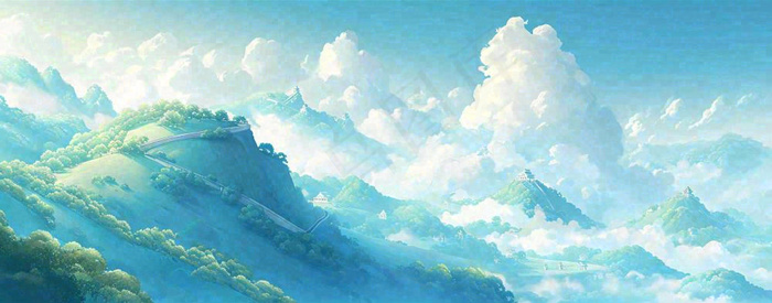 崇山峻岭高山白云中国风插画长城风景(1712x674)