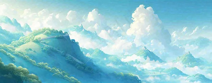 崇山峻岭高山白云中国风插画长城风景(1712x674)