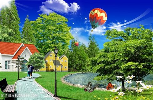 湖畔建筑别墅韩式自然背景