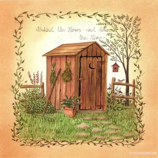 木屋草地唯美油画