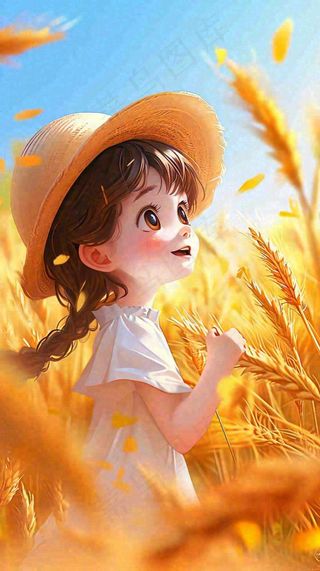 秋天温馨秋叶可爱少女插画，秋分小麦