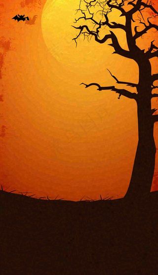 万圣节夜晚恐怖树枝橙黄色暗黑，西方节日
