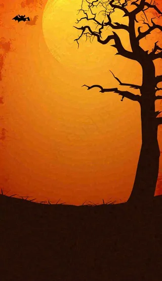 万圣节夜晚恐怖树枝橙黄色暗黑，西方节日