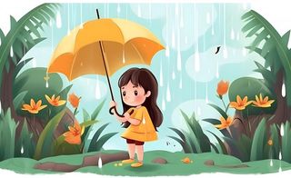 春天下雨天小女孩拿着雨伞在森林里漫步绿色黄色手绘插画海报素材背景