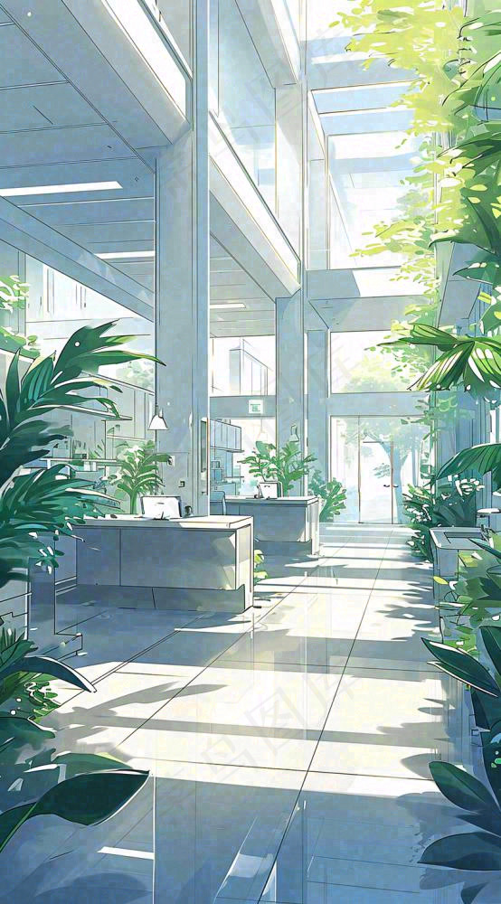 夏天明媚的阳光洒进办公室绿色的植物在办公室走廊上，线性插画手绘(816x1472)