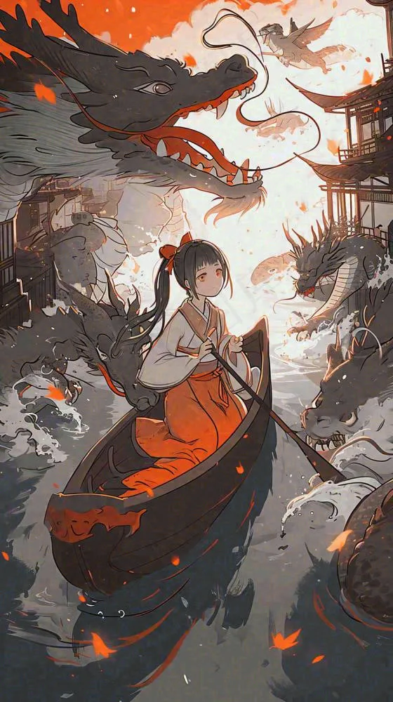 古风恐怖怪兽龙河面灯笼建筑插画，暗黑(816x1456)