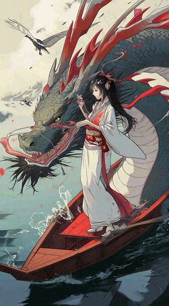 古风仙侠暗黑人物在河流上，龙中国风插画(816x1472)