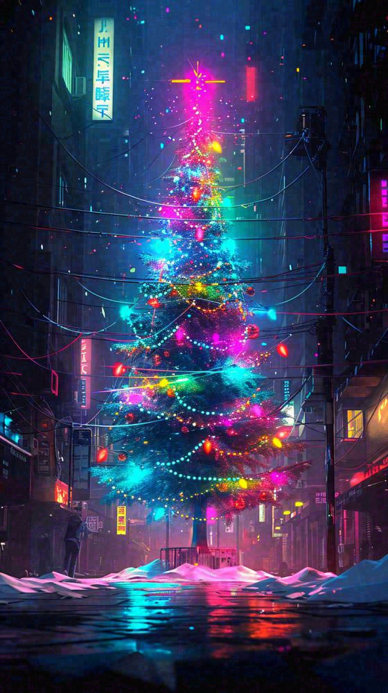 炫酷圣诞彩色缤纷圣诞树节日，夜晚街道建筑，暗黑