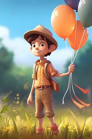 拿着气球的男孩阳光森林草地背景