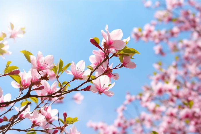 春天阳光明媚的树枝上开满了粉红色的花朵摄影图(5376x3584)