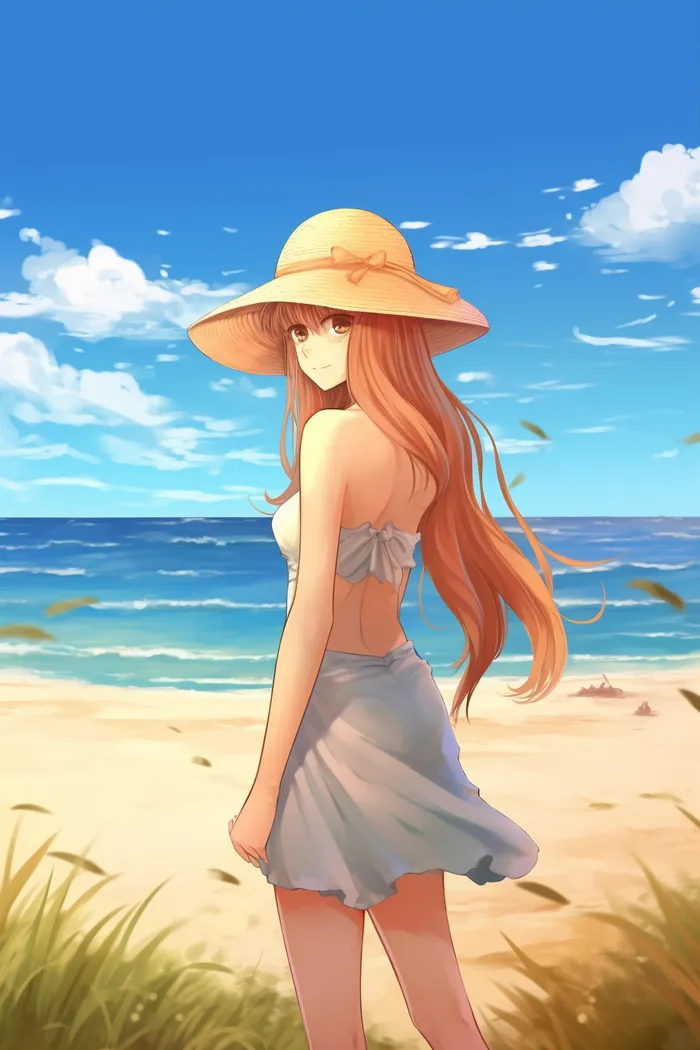 夏日少女在海边沙滩游玩卡通插画素材(x)