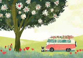 清新可爱春日郊游旅行房车粉绿蜡笔插画手绘草坪，惊蛰春分