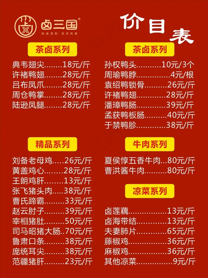 卤三国价格表cdr矢量模版下载