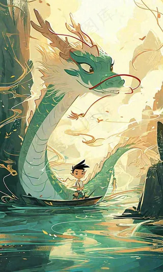 国风龙神话传说海面船只中国风插画