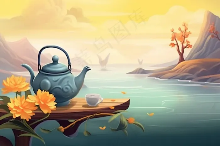 秋季山水赏菊泡茶重阳节插画素材(1344x896)