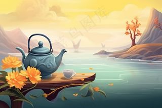 秋季山水赏菊泡茶重阳节插画素材