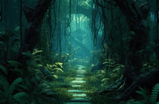 中间有一条小径的绿色森林深绿松石和浅绿色的风格自然主义美学