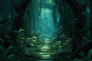 中间有一条小径的绿色森林深绿松石和浅绿色的风格自然主义美学